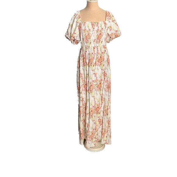 Forever 21 Dress XL Floral Maxi Puff Sleeve Smocked Bodice Square Neck Linen - Picture 2 of 11